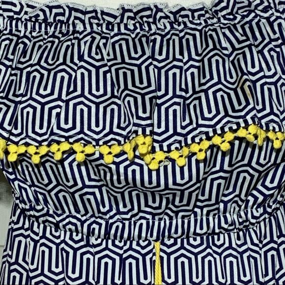 Mud Pie Maxi Dress Blue White Pattern Yellow Tassels Strapless Flowy Dress Small - Picture 9 of 12